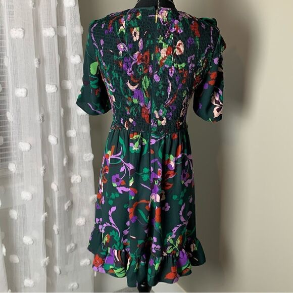 Kate Spade Fleur Nouveau dark green‎ floral smocked ruffle mini dress size 0 - Picture 6 of 17